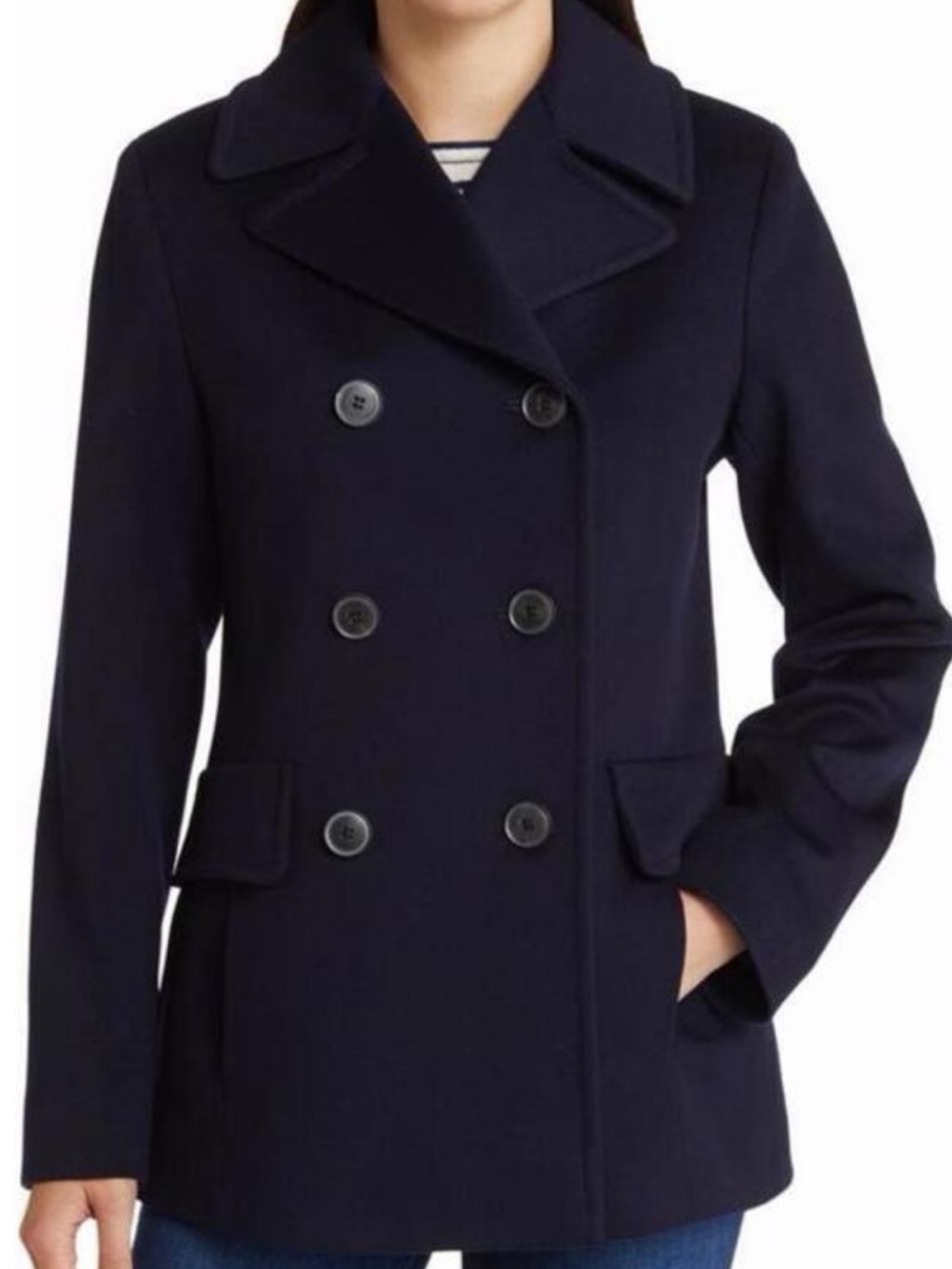 Classic Women’s Navy Pea Coat - Double-Breasted 100% Loro Piana wool.
